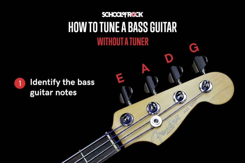 Bass guitar notes are E, A,D, and G